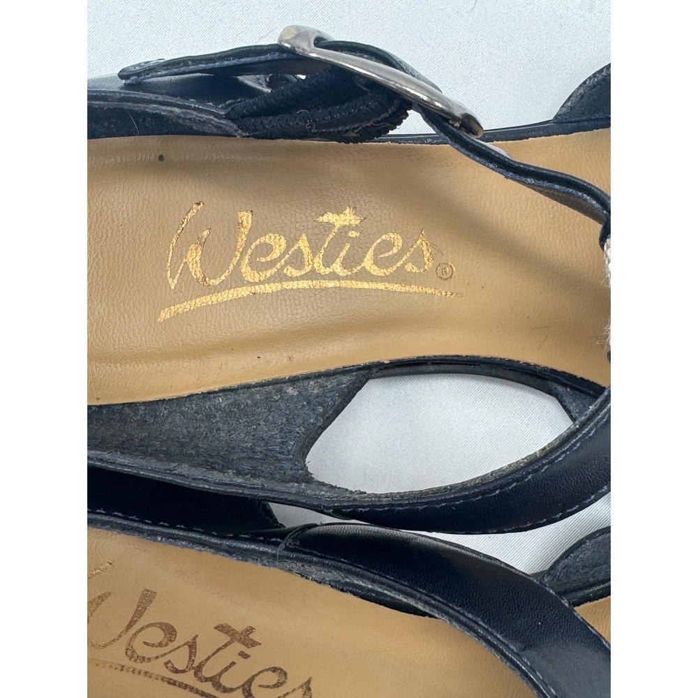 Westies T-Strap Flats Womens 8M Navy Blue Leather Linen Vintage Excellent Brazil - Picture 12 of 13